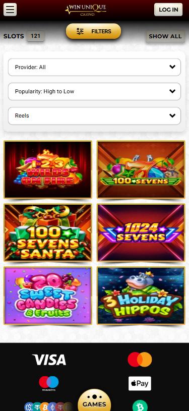 Unique Casino mobile lobby